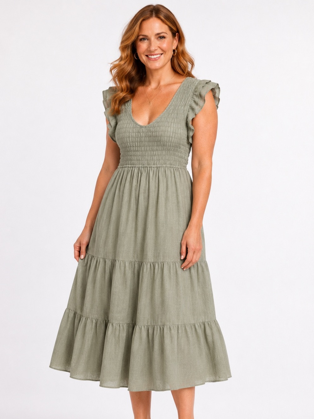 PENELOPE ROSE Smocked Tiered Midi Dress Sage Green Large